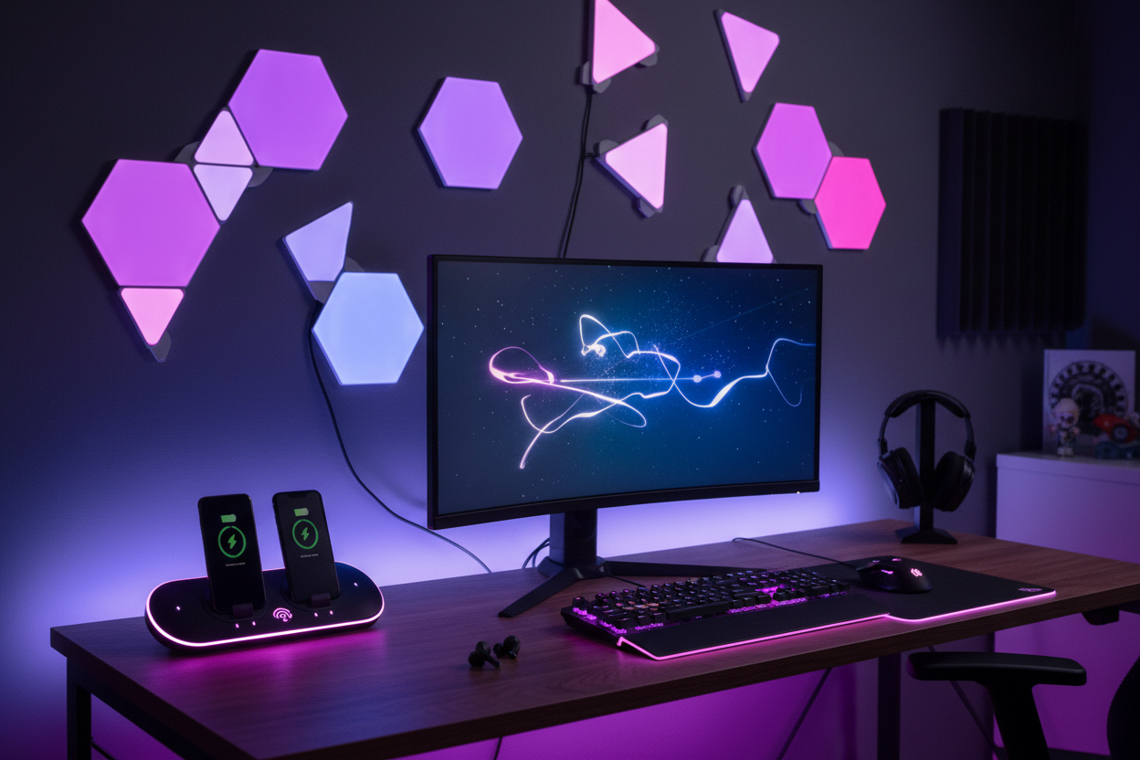 cree moi une image dun setup gaming avec des lumiere en forme etrnange au mur et un chargeur multi charge sans file comme mon produitsç