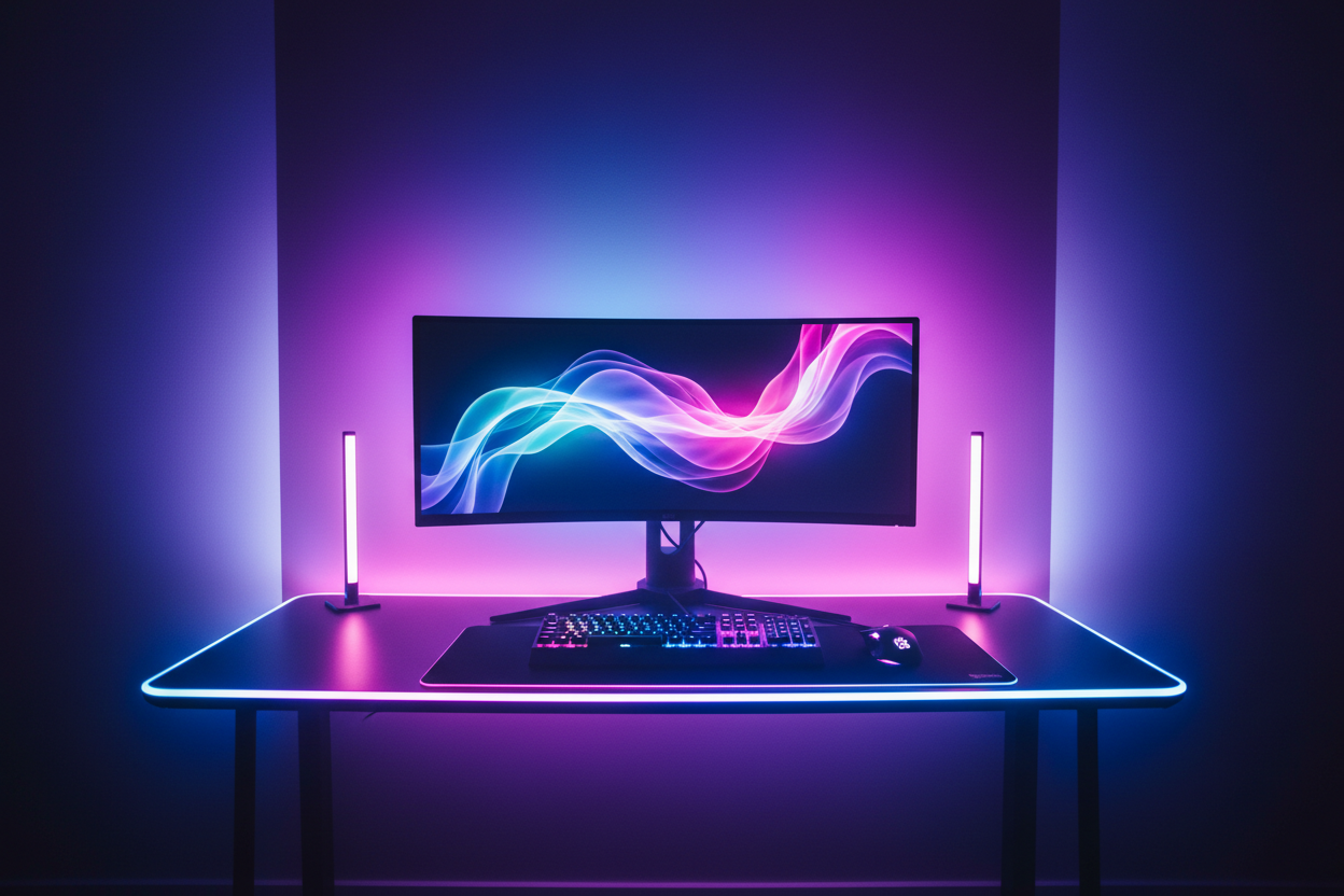 fais moi une image qui fitre dans le carré et qui est un set up de gaming avec des lumières qui ressemblent a mon produit